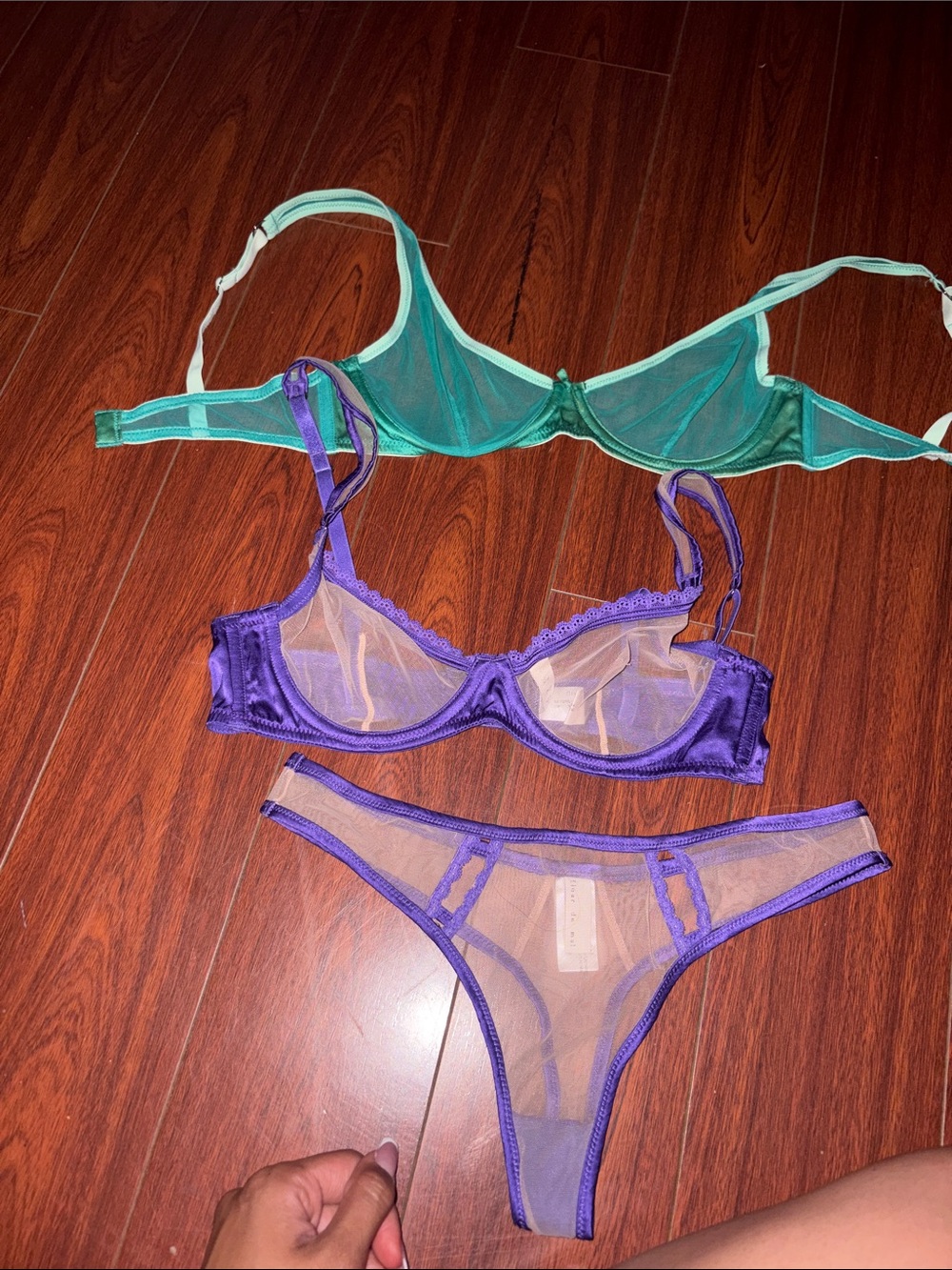 Fleur du Mal Teal & Purple Sheer Mesh Bra and Thong Set